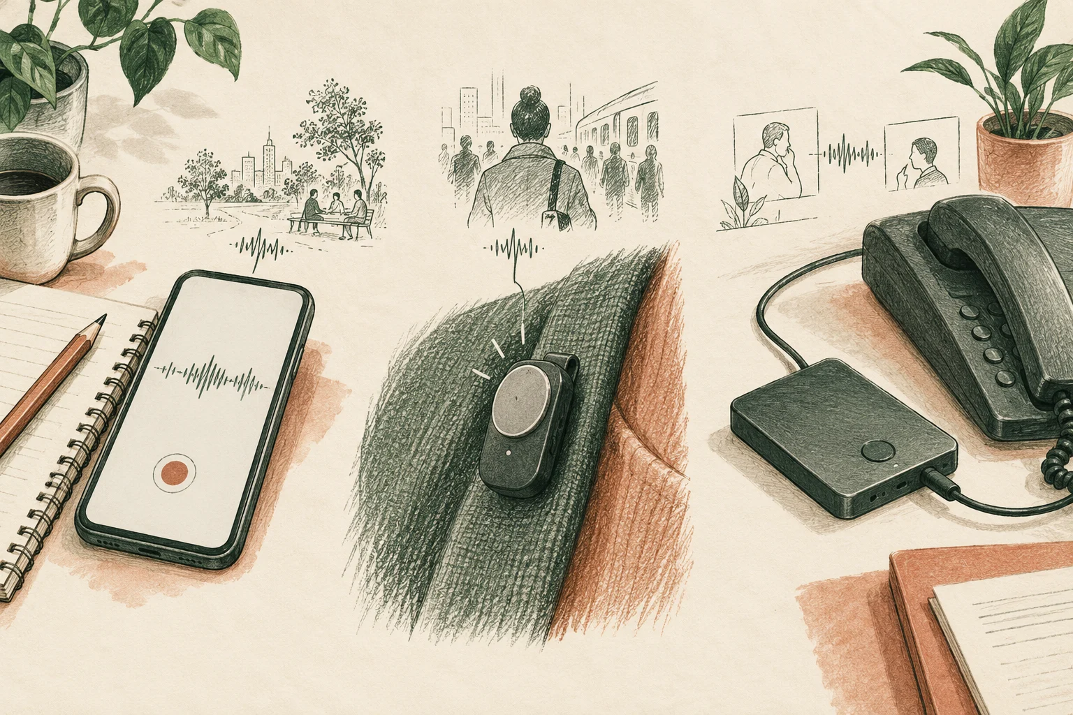 Conceptual drawing of phone, wearable capture, and call recording choices