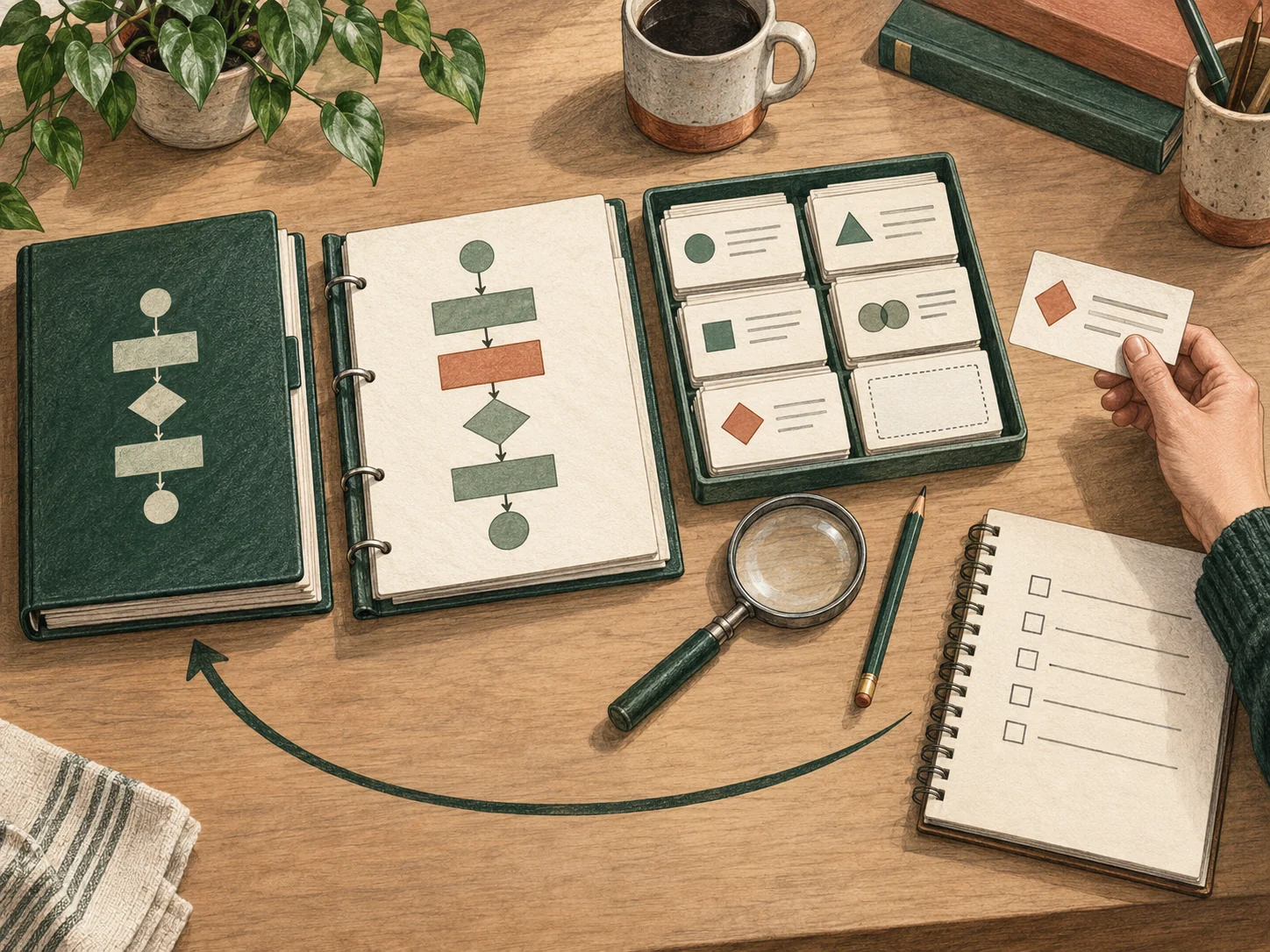 A baseline binder and a workflow with one changed component lead to selected test cards, an unresolved card held for review, and a manual fallback notebook.
