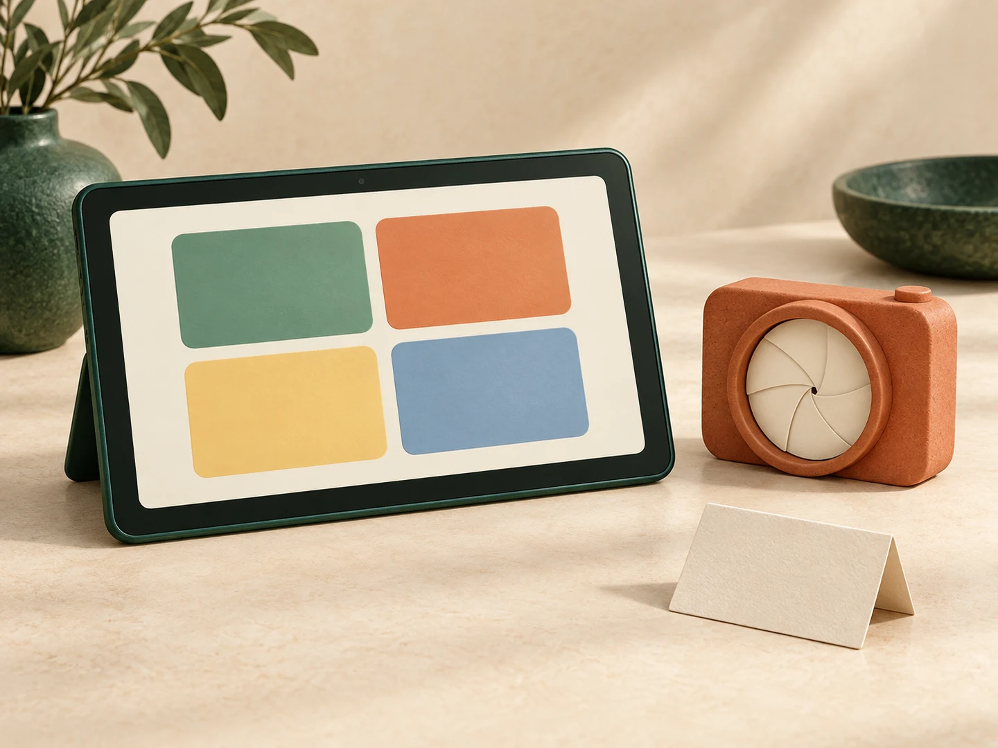 A generic green tablet with four blank app cards sits beside a closed terracotta viewing shutter and a separate blank account card.