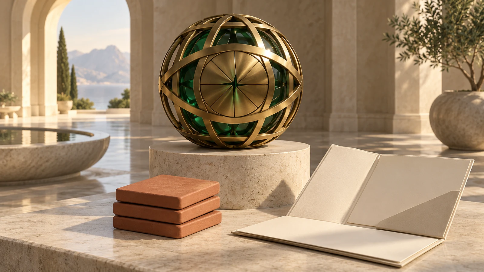 A closed brass lattice sphere surrounds an emerald core beside blank terracotta tiles and an empty ivory folder in a sunlit stone gallery.