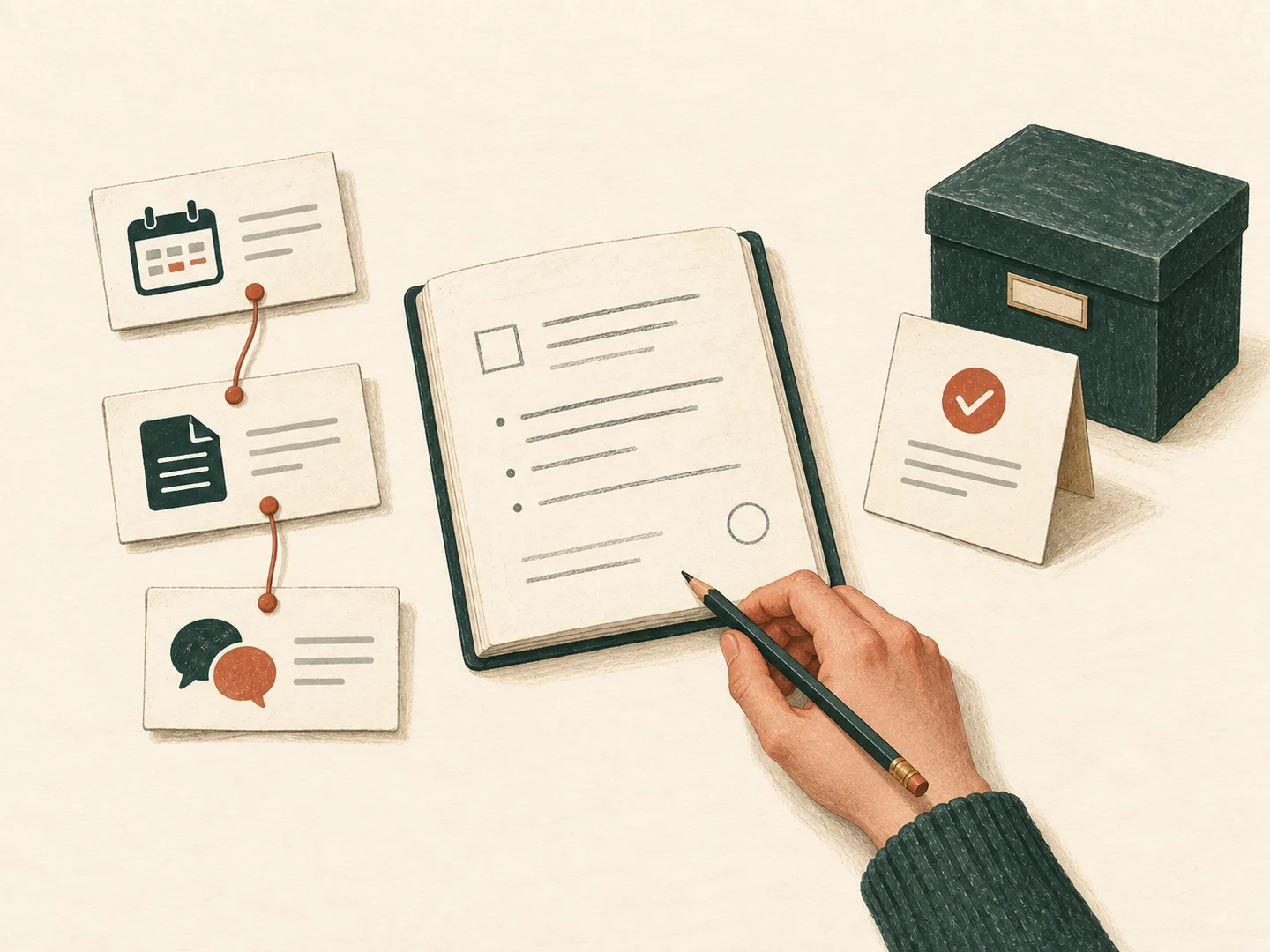 A conceptual desk separates linked source cards, a draft notebook under review and a checked task card beside an archive box.