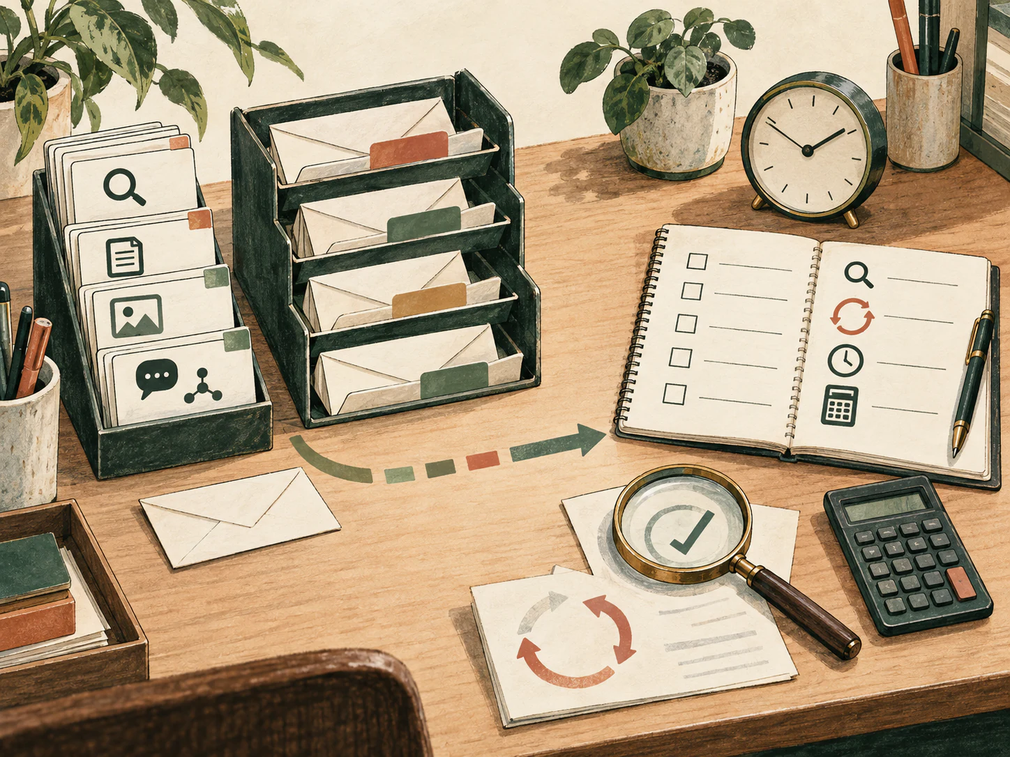An evidence desk moves from knowledge-search cards and routed envelopes to a notebook, clock, magnifier, rework loop, and calculator for evaluating quality, time, and cost.
