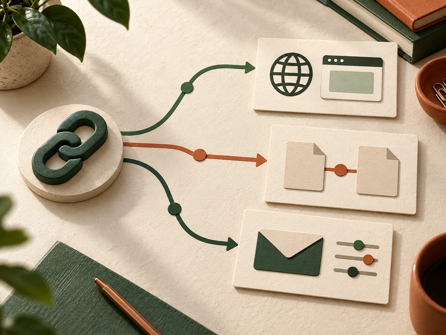 A green link token branches to three ivory cards showing a globe and browser, document sheets, and an envelope with settings sliders.