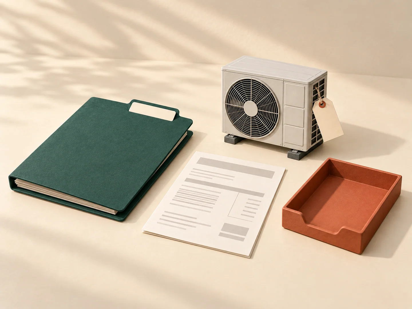 A closed green folder, a generic heat-pump model with an unmarked tag, an unsigned quotation and an empty receipt tray sit apart on an ivory tabletop.