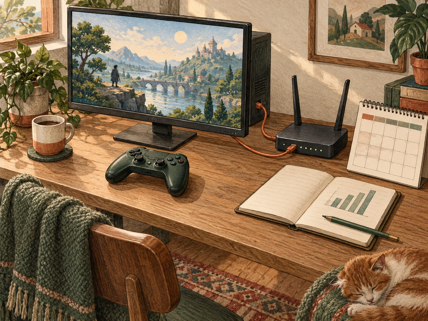 A home gaming desk connects a controller and computer with an Ethernet router, a trial calendar and a data-usage notebook.