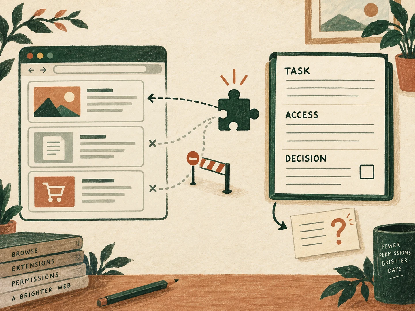 A generic browser extension connects to one selected page beside a task, access and decision ledger; other page paths stop at a gate.