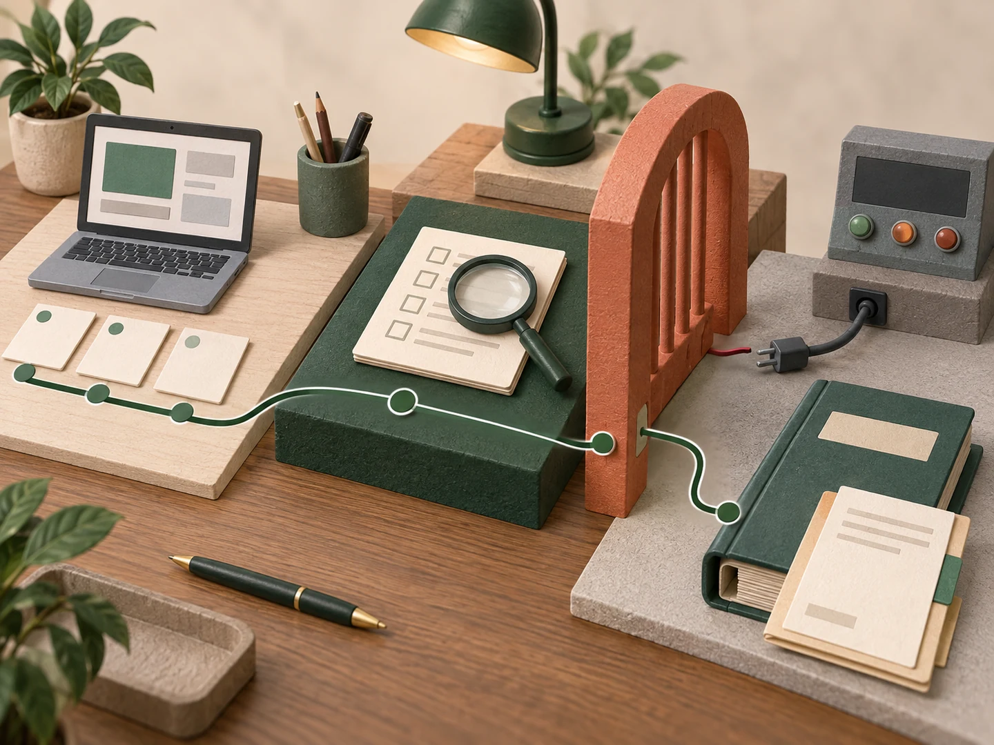 A practice laptop and task cards lead to a review desk and handover binder, while a terracotta gate keeps an unplugged operating control separate.