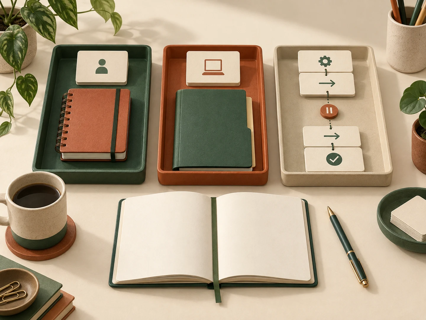 Three separate trays hold a personal notebook, an office folder and a paused chain of task cards beside an open review notebook.