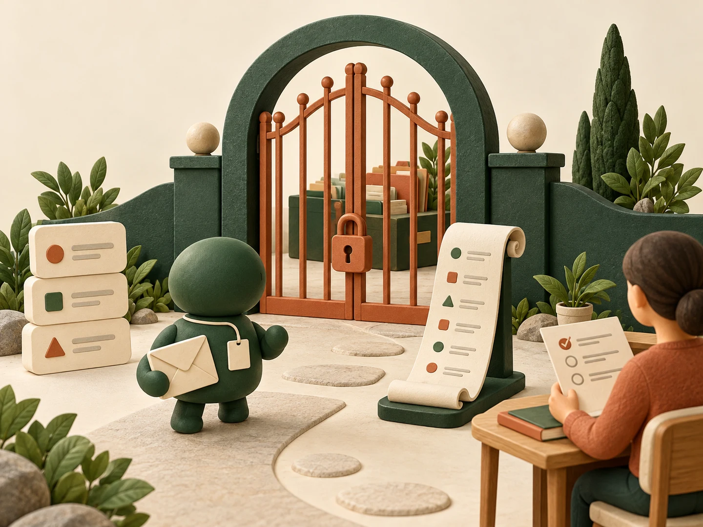 A task token with a blank identity badge carries an envelope toward a closed gate while a separate paper roll records activity and a reviewer holds an unfinished checklist.