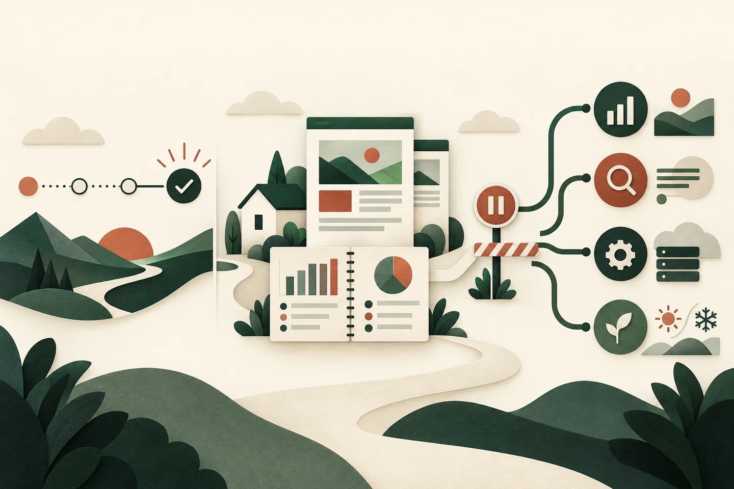 A website evidence ledger connects a rollout timeline to separate ranking, manual-review, technical and seasonal diagnostic paths.