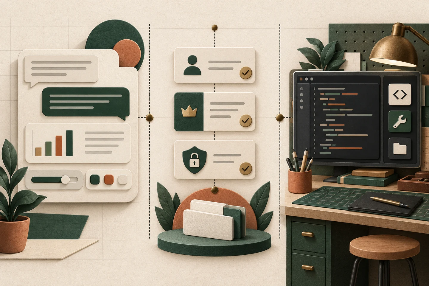 Three unbranded zones show an interactive conversation, account and workspace checks, and a separate coding workbench.