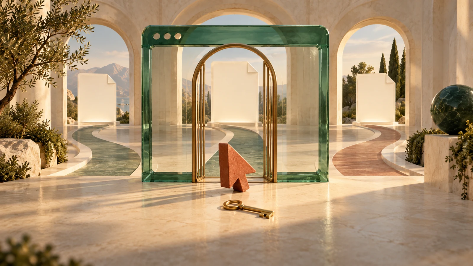 An emerald glass browser frame and brass gateway stand between a terracotta cursor and blank document portals, with a key outside the gateway.