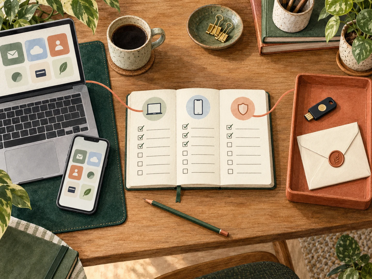 An account checklist sits between everyday sign-in devices and a separate tray holding a security key and recovery envelope.