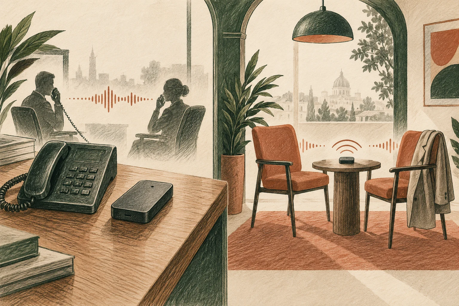 Conceptual editorial illustration: a desk landline and generic recorder in the foreground, two people speaking by phone behind them, and empty chairs around a table with a generic recorder.