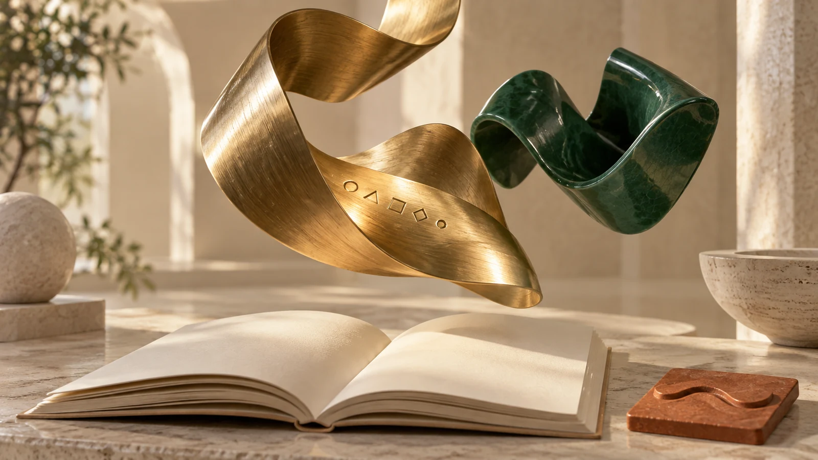 Suspended brass and emerald ribbon sculptures hover above an open blank ledger, with small geometric marks lit on the brass surface.