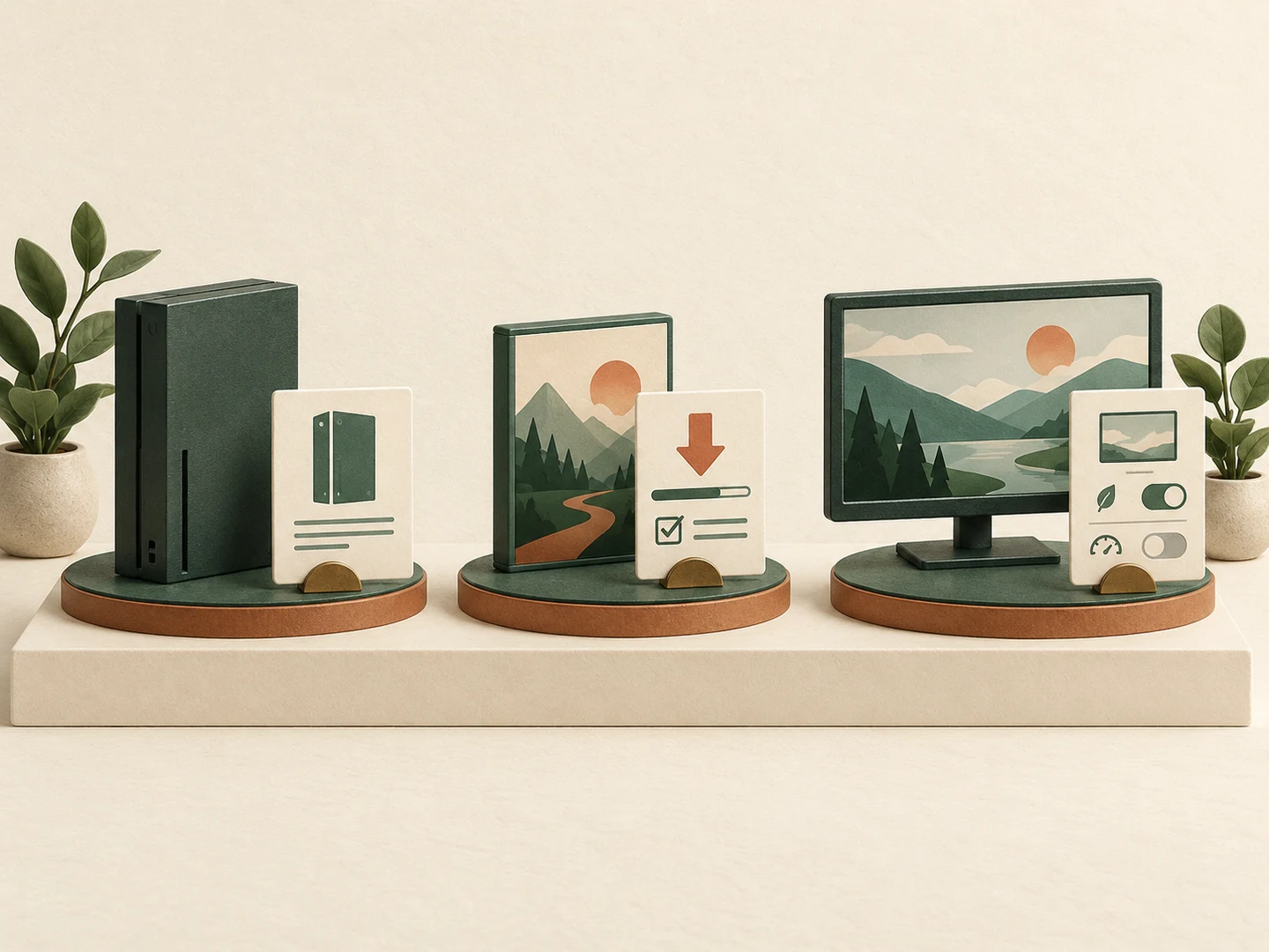 Three miniature scenes show a generic console and model card, a game case beside a patch card, and a monitor with a graphics-mode card.