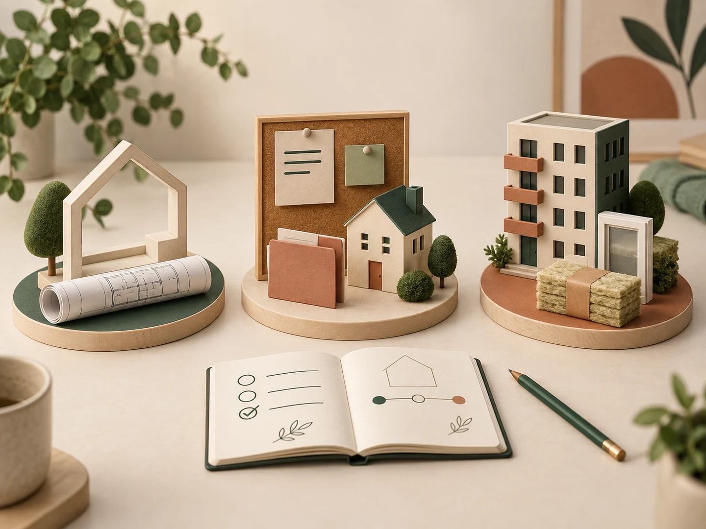 Three miniature scenes show a house plan, a noticeboard and folder beside a house, and an apartment model with sample building materials.