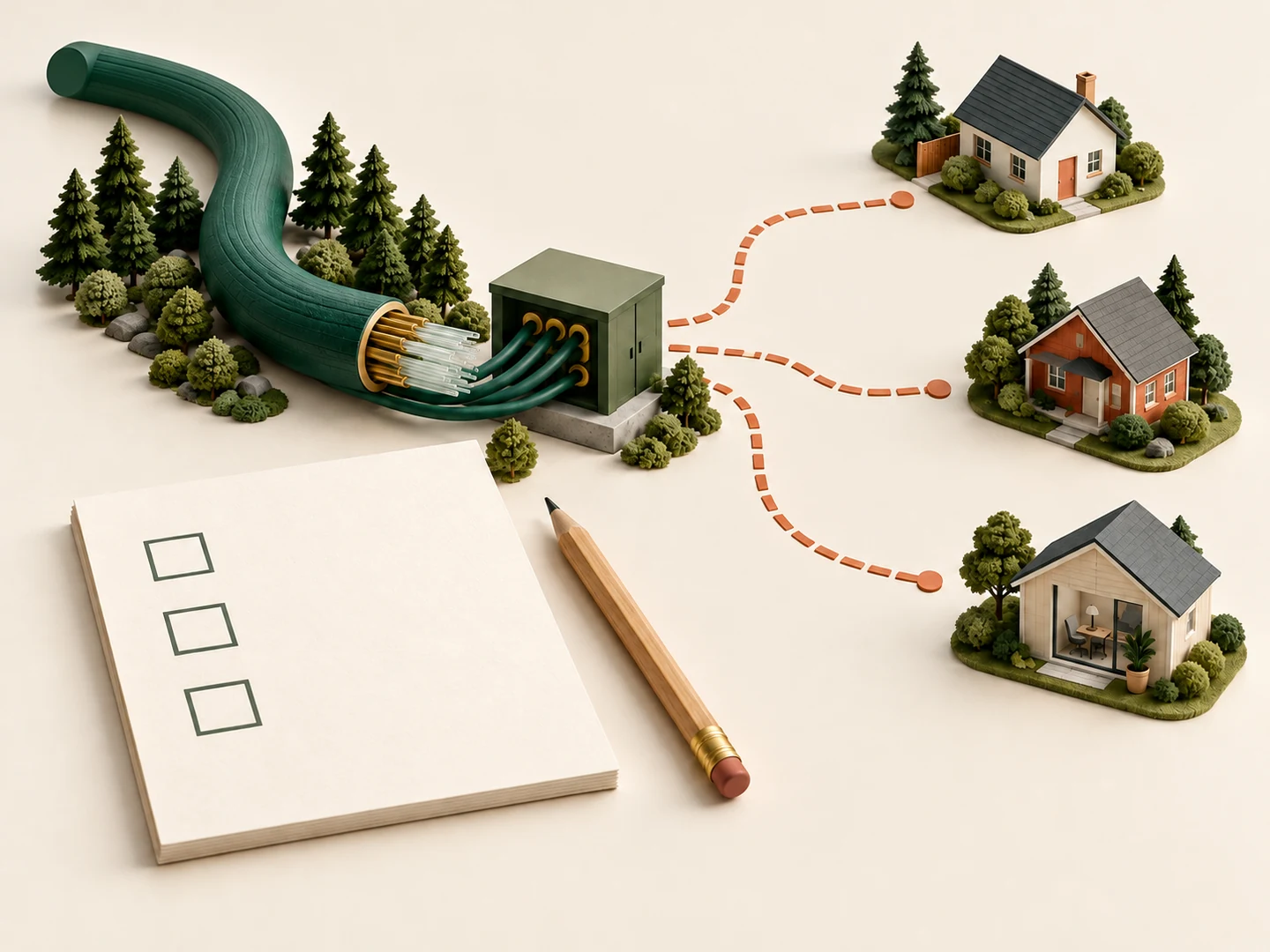 Conceptual fibre trunk and network hub beside three homes, with dotted paths ending before each home and a blank checklist.