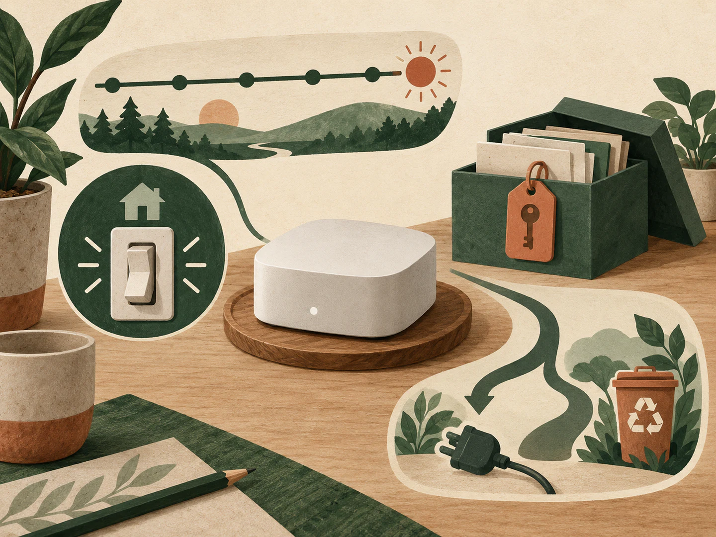 An illustrated smart-home controller connects to a support timeline, a physical switch, an archive box and an unplug-or-recycle path.