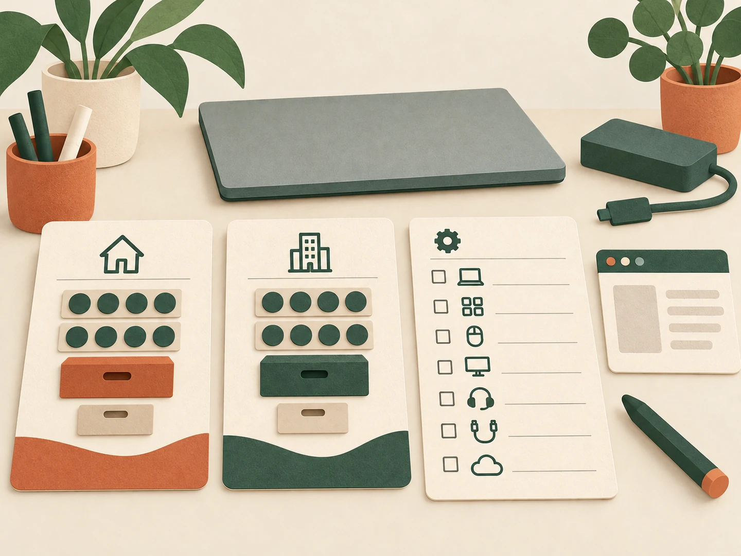 Abstract Home and Business configuration cards with paper capacity tokens beside a stylized closed computer, connector, app card and unfinished checklist.