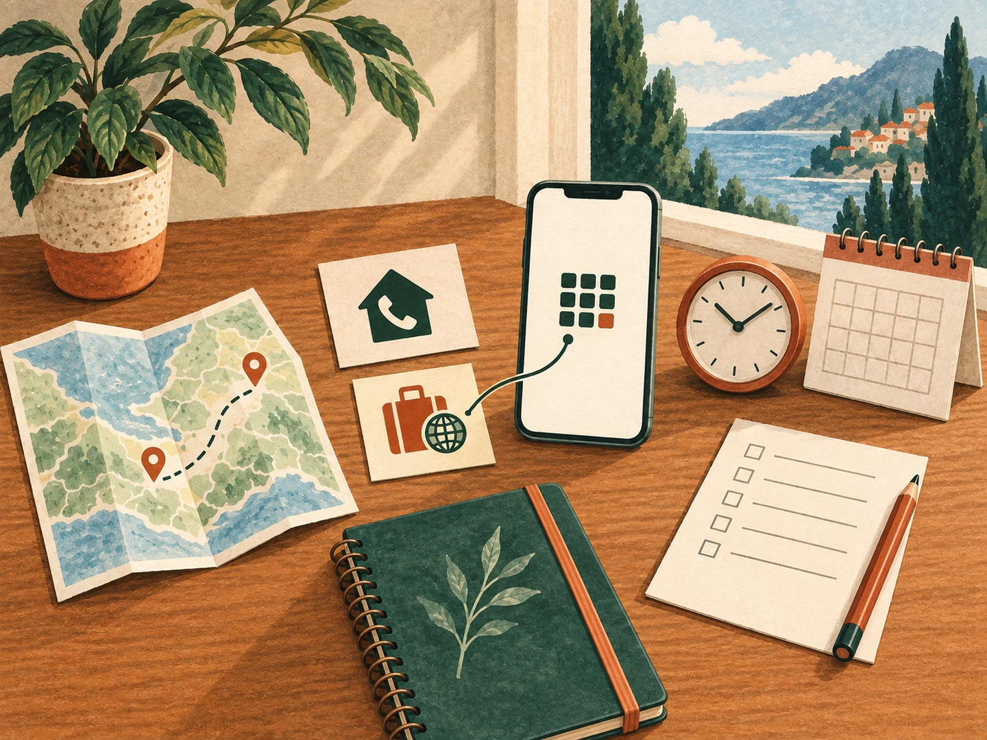 A conceptual travel desk separates home and trip phone lines from a package activation clock beside a map and planning notebook.
