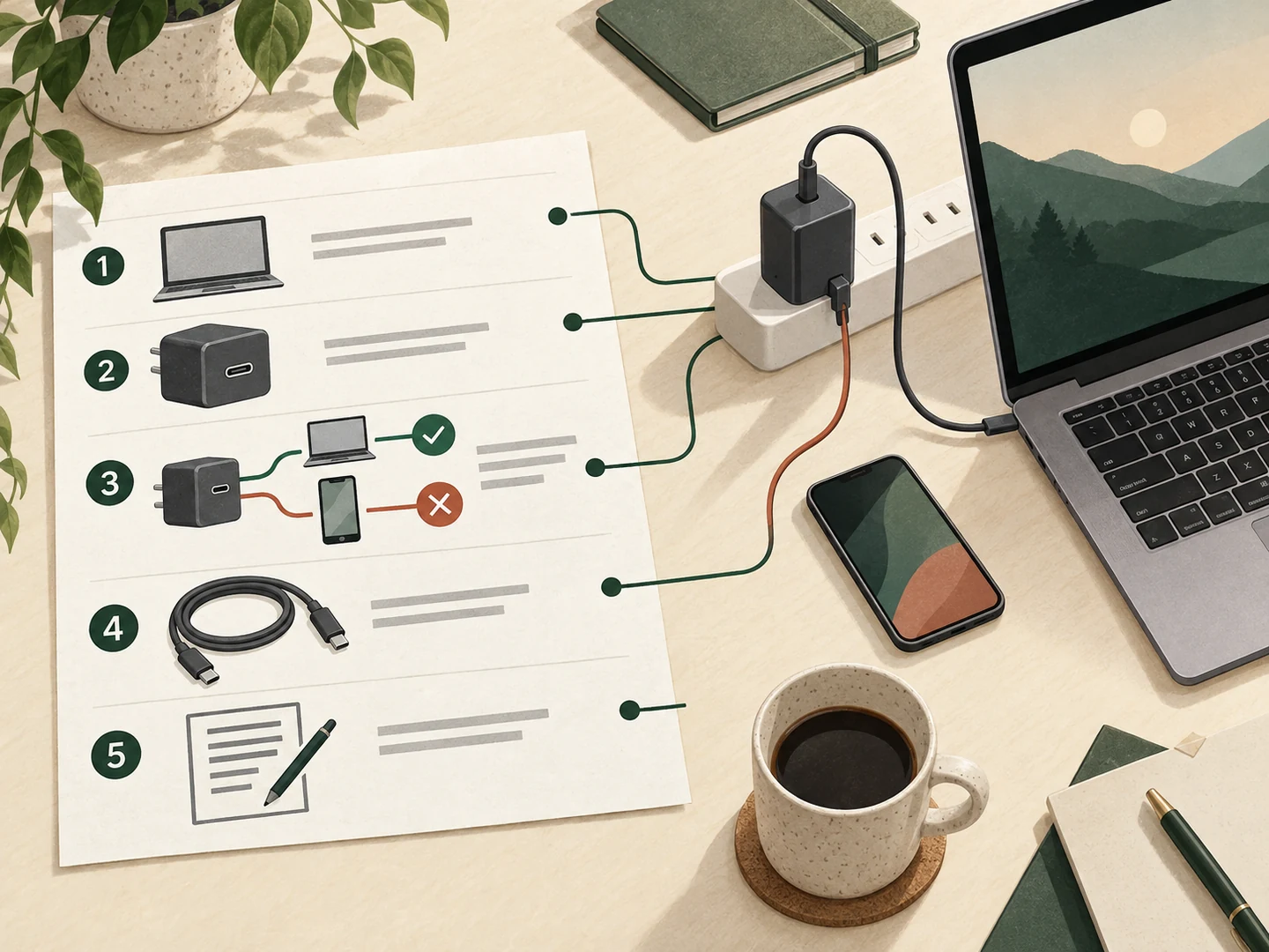 A five-row compatibility ledger connects a laptop, charger port, shared-port allocation, cable and documentation, with a warning where adding a phone reduces available power.