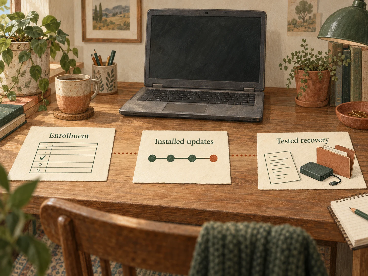 A conceptual desk scene separates an enrollment record, an unresolved update record and a sample-file recovery exercise beside an older laptop.