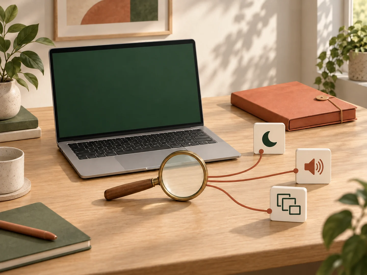 A generic laptop and magnifying glass connect to three action cards with moon, speaker and overlapping-window symbols, while a closed terracotta folder sits separately behind them.