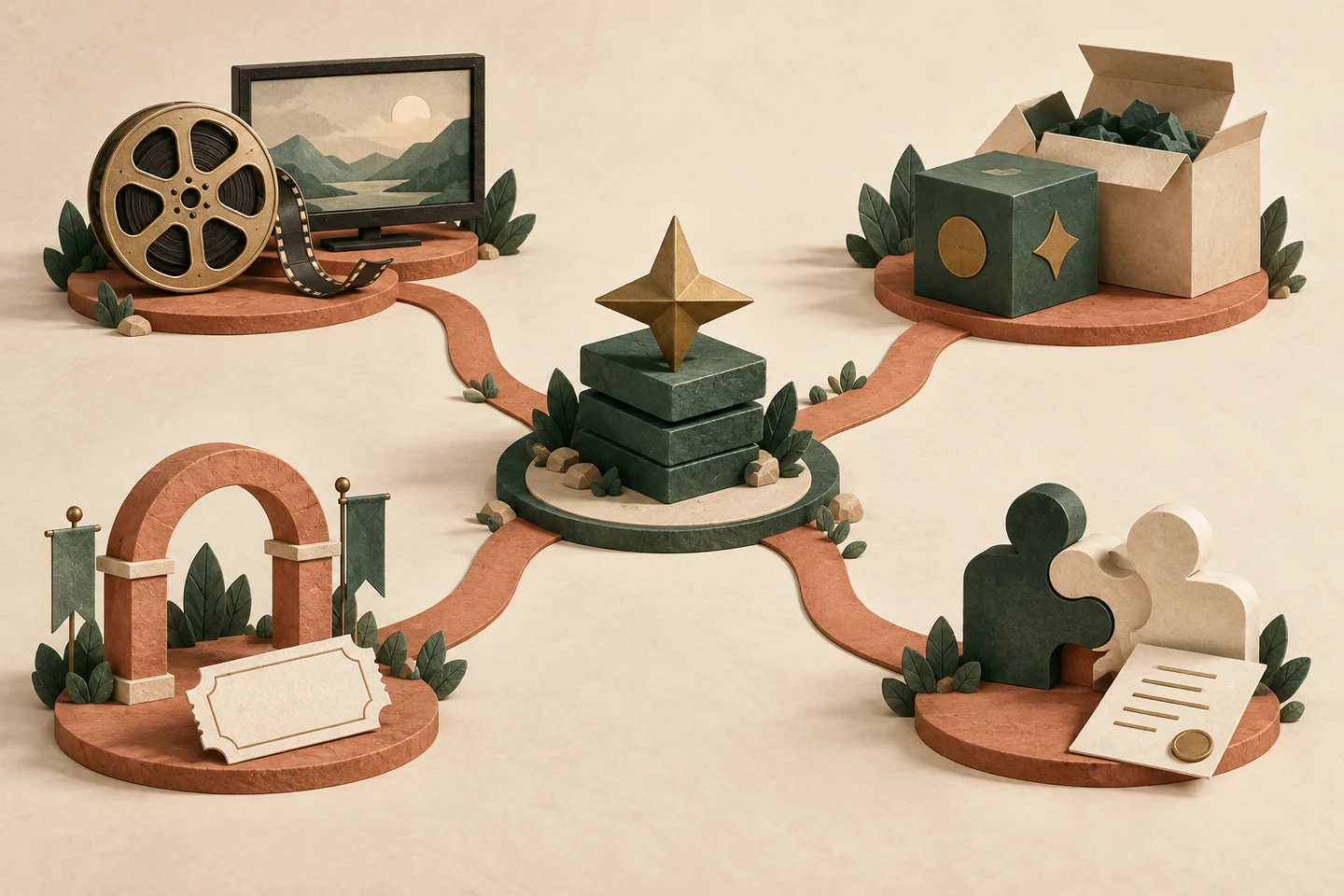 An abstract franchise token branches to a film reel, a merchandise box, an event arch and interlocking partnership shapes.